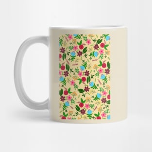 Red, pink, blue and maroon flower pattern with yellow color background Mug